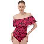 Valentines Day Hearts Pattern Love Red Off Shoulder Velour Bodysuit 