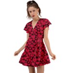 Valentines Day Hearts Pattern Love Red Flutter Sleeve Wrap Dress