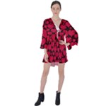 Valentines Day Hearts Pattern Love Red V-Neck Flare Sleeve Mini Dress