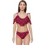 Valentines Day Hearts Pattern Love Red Ruffle Edge Tie Up Bikini Set	