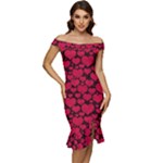 Valentines Day Hearts Pattern Love Red Off Shoulder Ruffle Split Hem Bodycon Dress