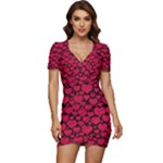 Valentines Day Hearts Pattern Love Red Low Cut Cap Sleeve Mini Dress