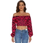 Valentines Day Hearts Pattern Love Red Long Sleeve Crinkled Weave Crop Top