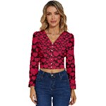 Valentines Day Hearts Pattern Love Red Long Sleeve V-Neck Top