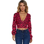 Valentines Day Hearts Pattern Love Red Long Sleeve Deep-V Velour Top