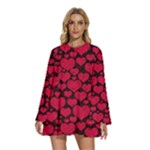 Valentines Day Hearts Pattern Love Red Round Neck Long Sleeve Bohemian Style Chiffon Mini Dress