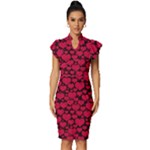 Valentines Day Hearts Pattern Love Red Vintage Frill Sleeve V-Neck Bodycon Dress