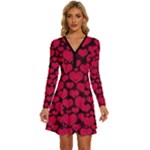 Valentines Day Hearts Pattern Love Red Long Sleeve Deep V Mini Dress 