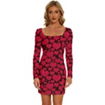 Valentines Day Hearts Pattern Love Red Long Sleeve Square Neck Bodycon Velvet Dress