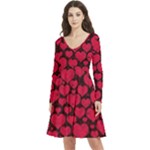 Valentines Day Hearts Pattern Love Red Long Sleeve V-neck skater dress with Pockets