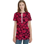 Valentines Day Hearts Pattern Love Red Women s Zip Front V-Neck Short Sleeve Casual Top Pocket Shirt