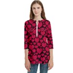 Valentines Day Hearts Pattern Love Red Women s Zip Front V-Neck 3/4 Sleeve Casual Top Pocket Shirt