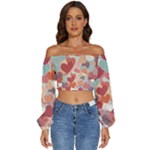 Valentines Day Hearts Romance Love Long Sleeve Crinkled Weave Crop Top