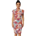 Valentines Day Hearts Romance Love Vintage Frill Sleeve V-Neck Bodycon Dress