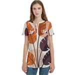 Leaves Boho Monster Nature Women s Zip Front V-Neck Short Sleeve Casual Top Pocket Shirt