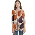 Leaves Boho Monster Nature Women s Zip Front V-Neck 3/4 Sleeve Casual Top Pocket Shirt