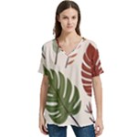 Leaves Autumn V-Neck Split Shoulder Casual T-Shirt