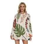 Leaves Autumn Round Neck Long Sleeve Bohemian Style Chiffon Mini Dress