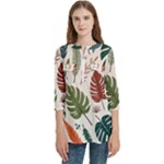 Leaves Autumn Women s Zip Front V-Neck 3/4 Sleeve Casual Top Pocket Shirt