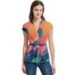 Art Abstract Pattern Women s Cap Sleeve Mandarin Collar Waist Tie Blouse