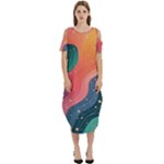 Art Abstract Pattern Cold Shoulder Loose Fit Dress With Pockets