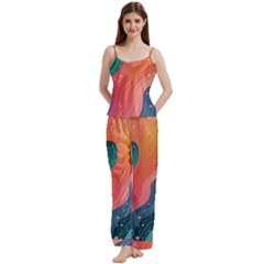 Art Abstract Pattern Spaghetti Top Long Pants Satin Pajamas Set from ArtsNow.com