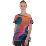 Art Abstract Pattern Off Shoulder Tie-Up T-Shirt