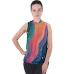 Art Abstract Pattern Mock Neck Chiffon Sleeveless Top