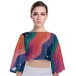 Art Abstract Pattern Tie Back Butterfly Sleeve Chiffon Top