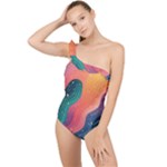 Art Abstract Pattern Frilly One Shoulder Swimsuit