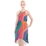 Art Abstract Pattern High-Low Halter Chiffon Dress 