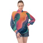 Art Abstract Pattern High Neck Long Sleeve Chiffon Top