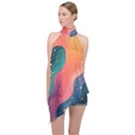 Art Abstract Pattern Halter Asymmetric Satin Top