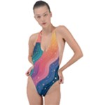 Art Abstract Pattern Backless Halter One Piece Swimsuit