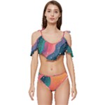 Art Abstract Pattern Ruffle Edge Tie Up Bikini Set	