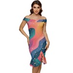 Art Abstract Pattern Off Shoulder Ruffle Split Hem Bodycon Dress