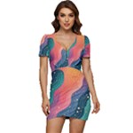 Art Abstract Pattern Low Cut Cap Sleeve Mini Dress