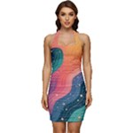 Art Abstract Pattern Sleeveless Wide Square Neckline Ruched Bodycon Dress