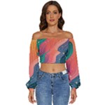 Art Abstract Pattern Long Sleeve Crinkled Weave Crop Top