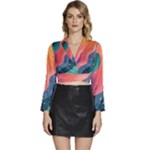 Art Abstract Pattern Long Sleeve Tie Back Satin Wrap Top