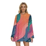 Art Abstract Pattern Round Neck Long Sleeve Bohemian Style Chiffon Mini Dress