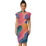 Art Abstract Pattern Vintage Frill Sleeve V-Neck Bodycon Dress