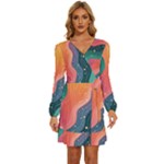 Art Abstract Pattern Long Sleeve Waist Tie Ruffle Velvet Dress