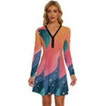 Art Abstract Pattern Long Sleeve Deep V Mini Dress 