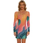 Art Abstract Pattern Long Sleeve Square Neck Bodycon Velvet Dress