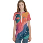 Art Abstract Pattern Women s Zip Front V-Neck Short Sleeve Casual Top Pocket Shirt