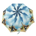 Delicate Watercolor Painting Surreal Oasis Scene With Intense Dramatic Lighting Folding Umbrellas