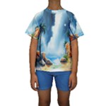 Delicate Watercolor Painting Surreal Oasis Scene With Intense Dramatic Lighting Kids  Short Sleeve Swimwear