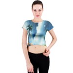 Delicate Watercolor Painting Surreal Oasis Scene With Intense Dramatic Lighting Crew Neck Crop Top