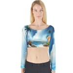 Delicate Watercolor Painting Surreal Oasis Scene With Intense Dramatic Lighting Long Sleeve Crop Top